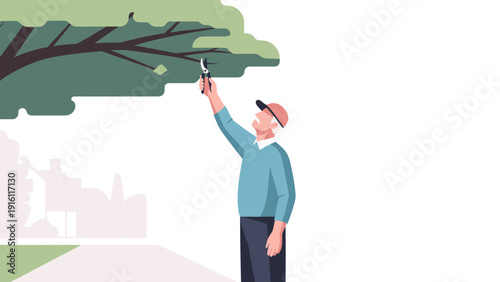 Senior man pruning tree branches in minimalist style for gardening and outdoor activity concepts