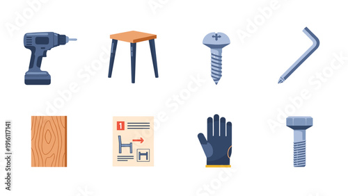 Home improvement tools set: drill, screw, wrench, and more in flat design
