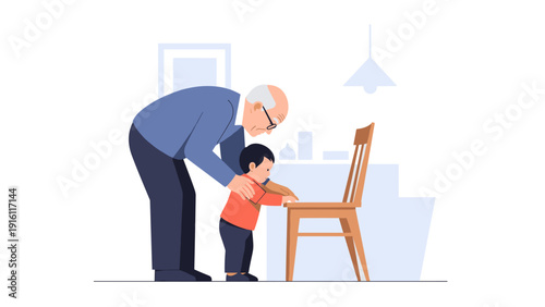 Elderly man assisting child to stand in cozy home setting