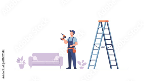 Handyman with drill and ladder in living room for home renovation concepts