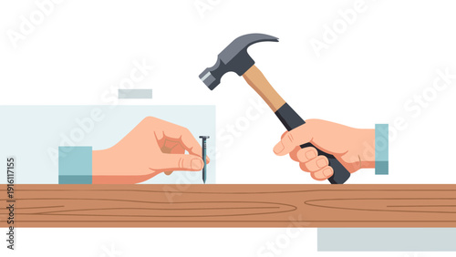 Flat design hands hammering nail into wood for diy projects and construction concepts