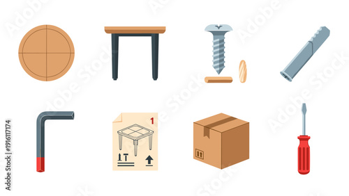 Flat icons of furniture assembly tools and parts for diy projects