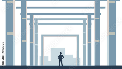 Person silhouette in vast architectural corridor with geometric structures