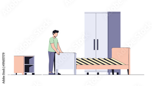 Man assembling bed in modern room with wardrobe and nightstand