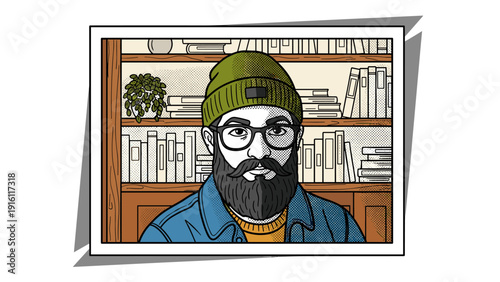 Retro pop art style portrait of bearded man in beanie with bookshelf background