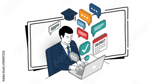 Online learning concept with businessman and digital communication icons