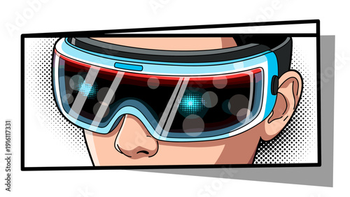 Futuristic vr headset in comic book style with halftone effect