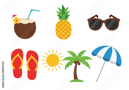 Summer vacation icons for travel and leisure activities