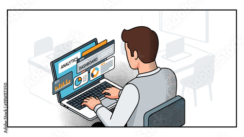 Business analyst reviewing analytics dashboard on laptop in office setting