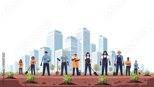 Diverse community gardening: city skyline background with people planting together