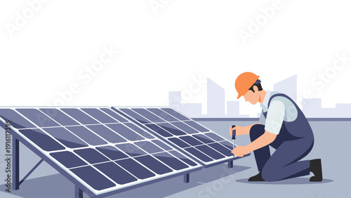 Technician maintaining solar panels on rooftop in flat style urban setting