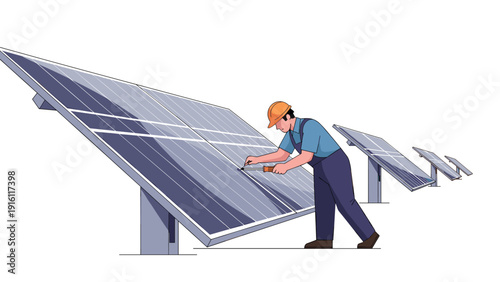 Engineer inspecting solar panels for clean energy efficiency on a solar farm