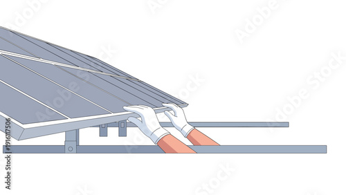 Hands adjusting solar panel on metal mount in minimalist style