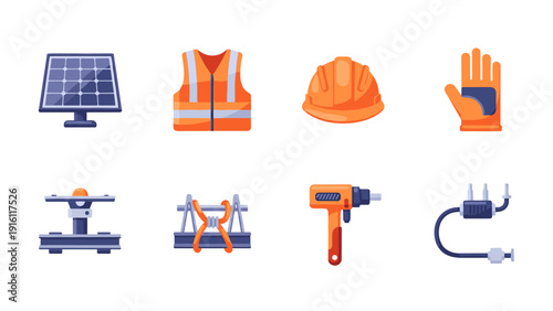Construction and renewable energy tools icons set in flat style