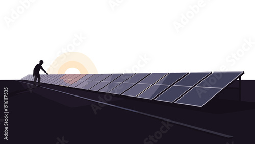 Silhouette engineer adjusting solar panels at sunrise in a linear design