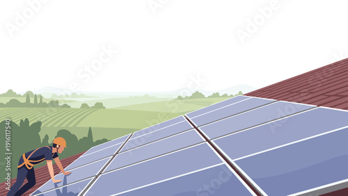 Rooftop solar installation with worker in landscape setting