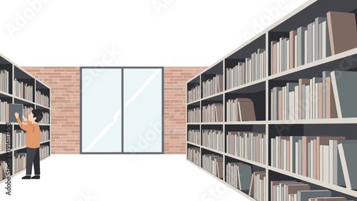 Modern library interior with bookshelves and person selecting books