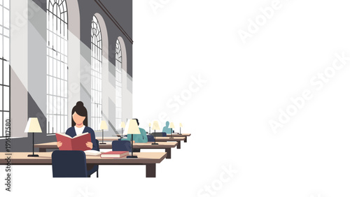 Quiet study hall with students reading in sunlit library