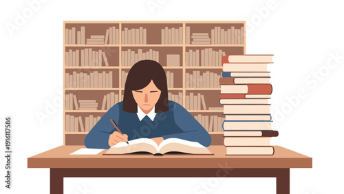 Focused student studying in library with book stack and shelves