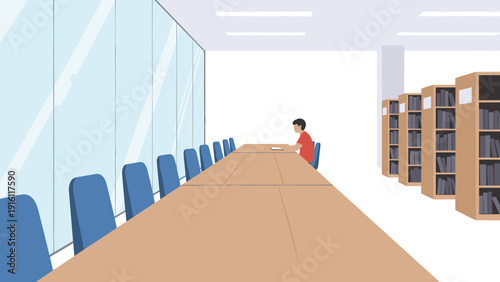 Minimalist library interior with study tables and bookshelves