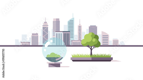 Futuristic green cityscape with nature elements in minimal flat design