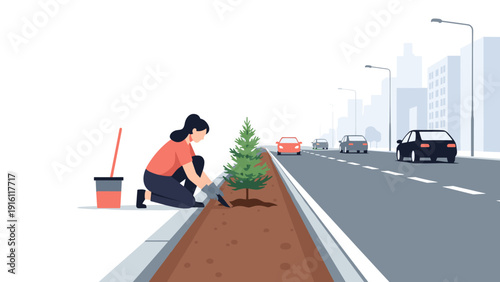 Urban greening: woman planting tree along city street