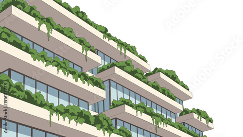 Modern eco-friendly building with lush greenery on terraces