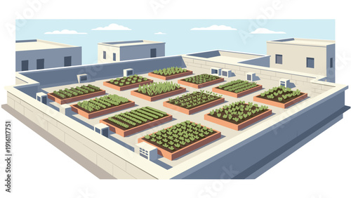 Urban rooftop garden with vegetables and plants in a flat design style