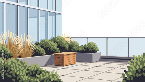 Modern rooftop patio with greenery and outdoor decor in urban setting