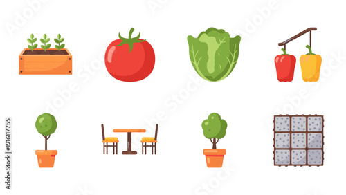 Gardening essentials: vegetables, pots, and outdoor furniture in flat design