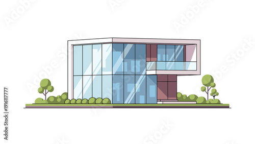 Modern flat design minimalist house with glass facade and greenery