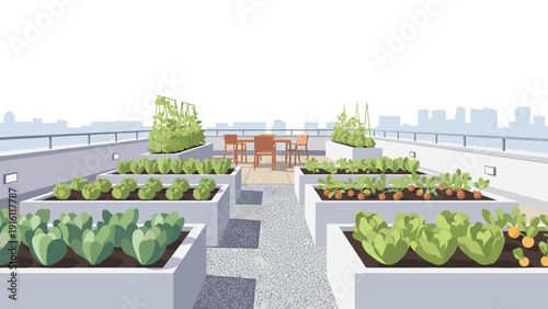 Urban rooftop garden with raised beds and cityscape