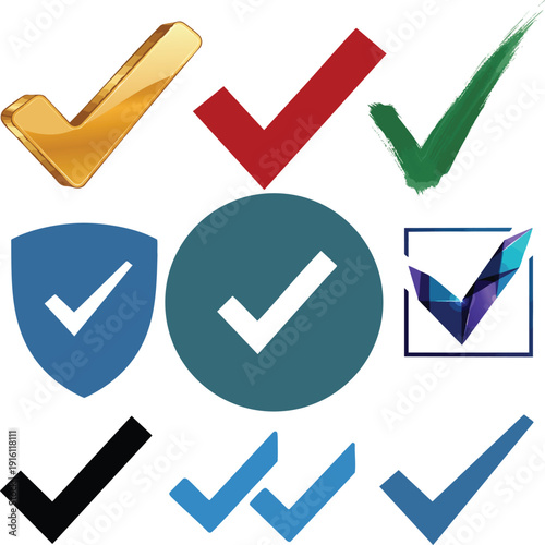 WebSet of Stylish Check Mark Icons, Creative Multi-Style Tick Symbols for Business, Security, and Design Excellence