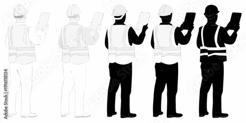 Construction workers examining a tablet in various shades of grayscale