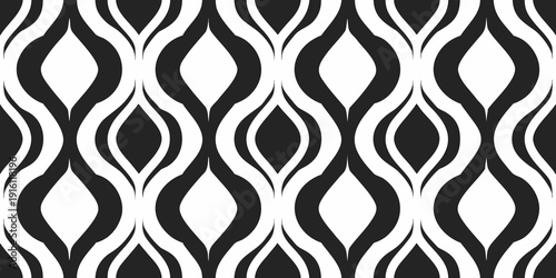 A seamless black and white pattern featuring flowing curved teardrop like shapes