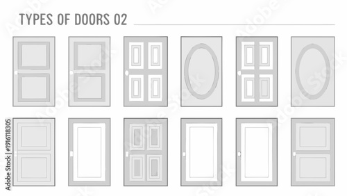 Illustrative collection of various door types and designs in a single view