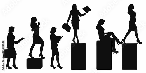 Silhouettes of women in various poses atop rectangular blocks