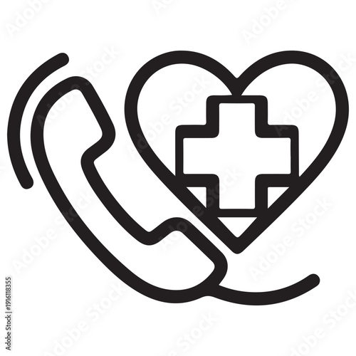 Emergency medical call icon featuring a telephone handset and a heart with a cross, representing healthcare hotline and ambulance support services, isolated black line vector illustration