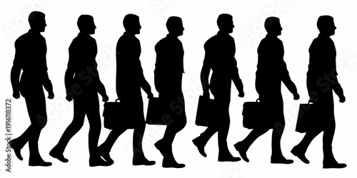 Silhouettes of businessmen walking in a line carrying briefcases black and white