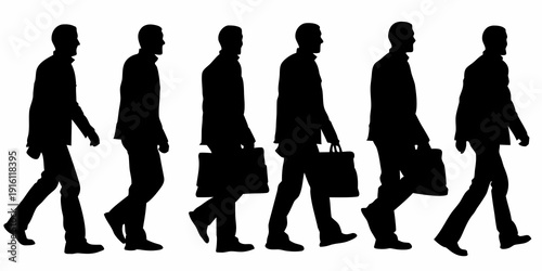 Silhouettes of businessmen walking in a row carrying briefcases