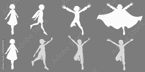Silhouettes of joyful figures in various dynamic poses against a dark background