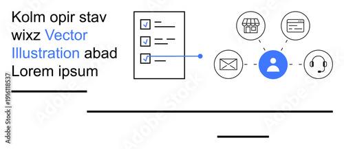 Business communication, user connectivity, workflow management, contact methods, data organization, online services. Visual of a person icon linked to email, phone and store icons. Business