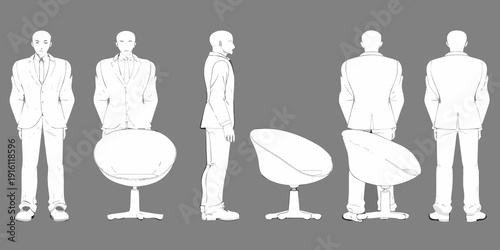 Mannequins in suits and chairs displayed in a minimalist monochromatic style