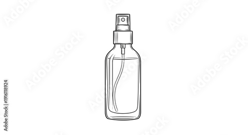 Clear Spray Bottle with Liquid, Outline Drawing, Isolated on White Background