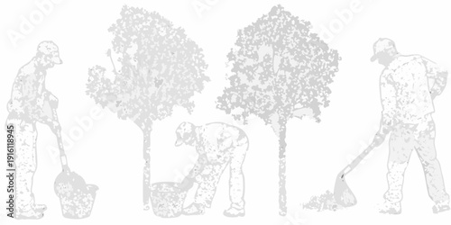 Gardeners tending to trees and landscaping work in a grayscale illustration