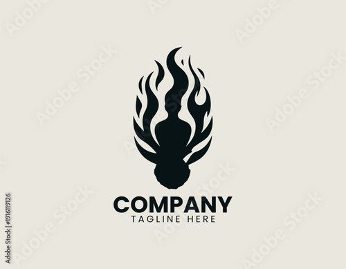 stylized shadow man formed by flowing flame shapes black vector logo illustration