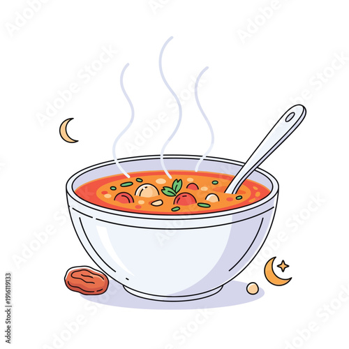 A steaming, delicious bowl of hearty soup, garnished with various ingredients and served alongside traditional dates, representing warmth and nourishment for a special evening meal or gathering