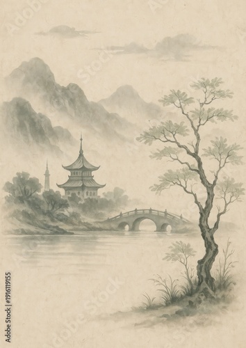 Serene traditional Asian landscape painting.