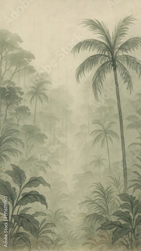 Serene misty jungle landscape illustration.
