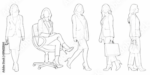 Line art illustration of five women in business attire various poses